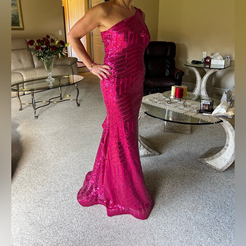 Glamorous One-Shoulder Sequin Gown in Fuchsia with train & bustle.